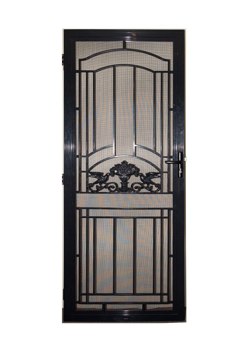Decorative black aluminium screen door on white background